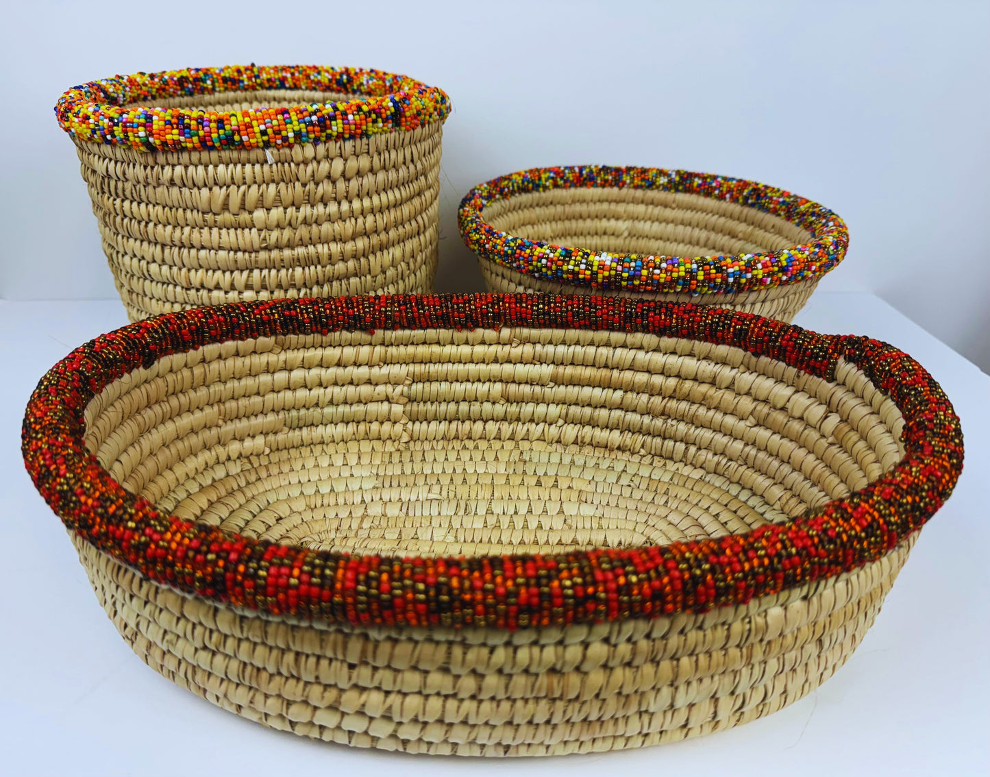 Deep Handwoven Beaded Palm Leaves Basket (Small)