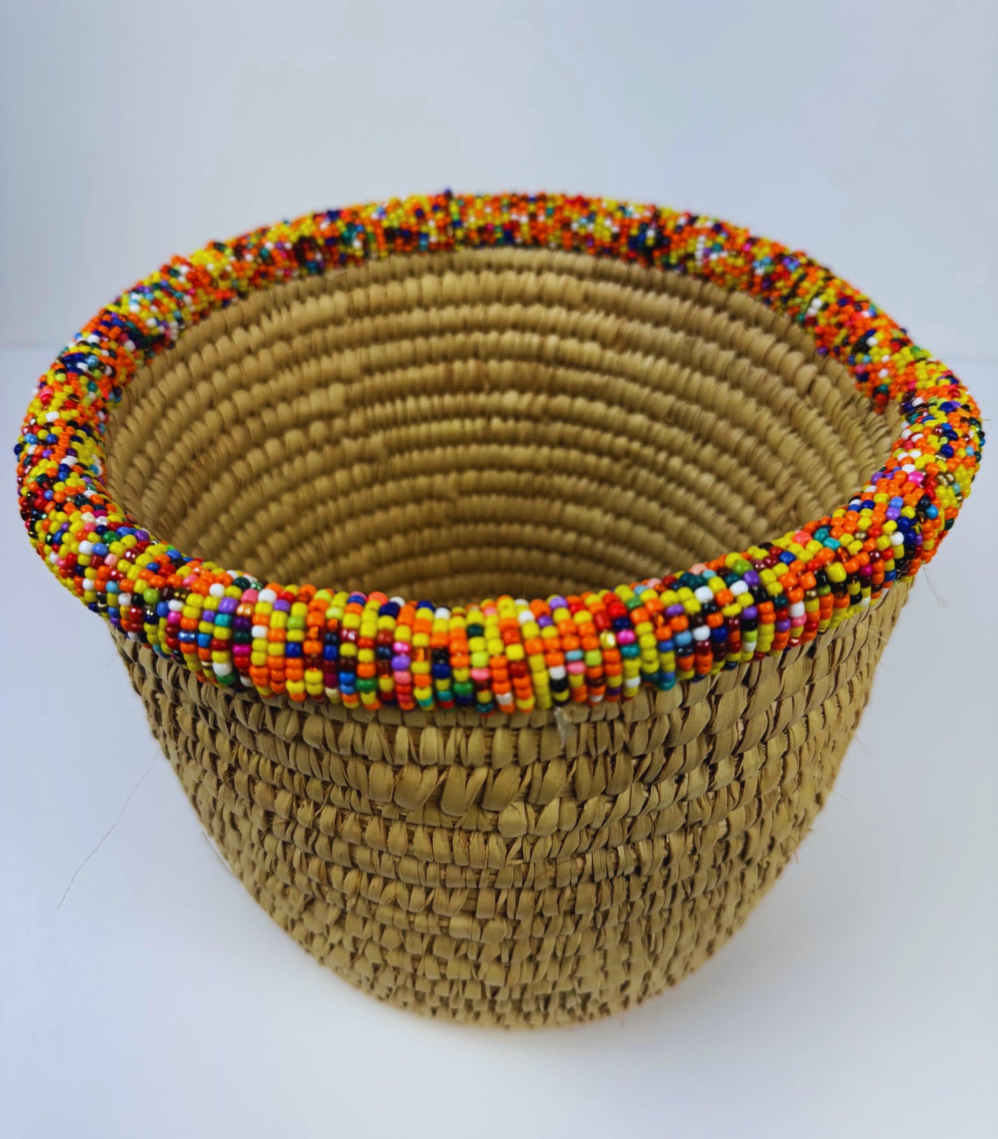 Deep Handwoven Beaded Palm Leaves Basket (Small)