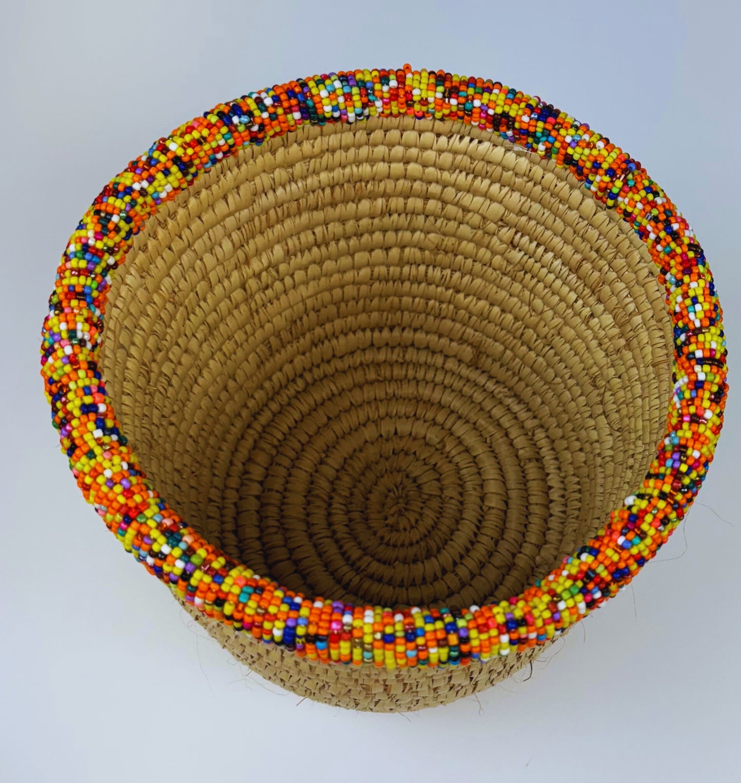 Deep Handwoven Beaded Palm Leaves Basket (Small)