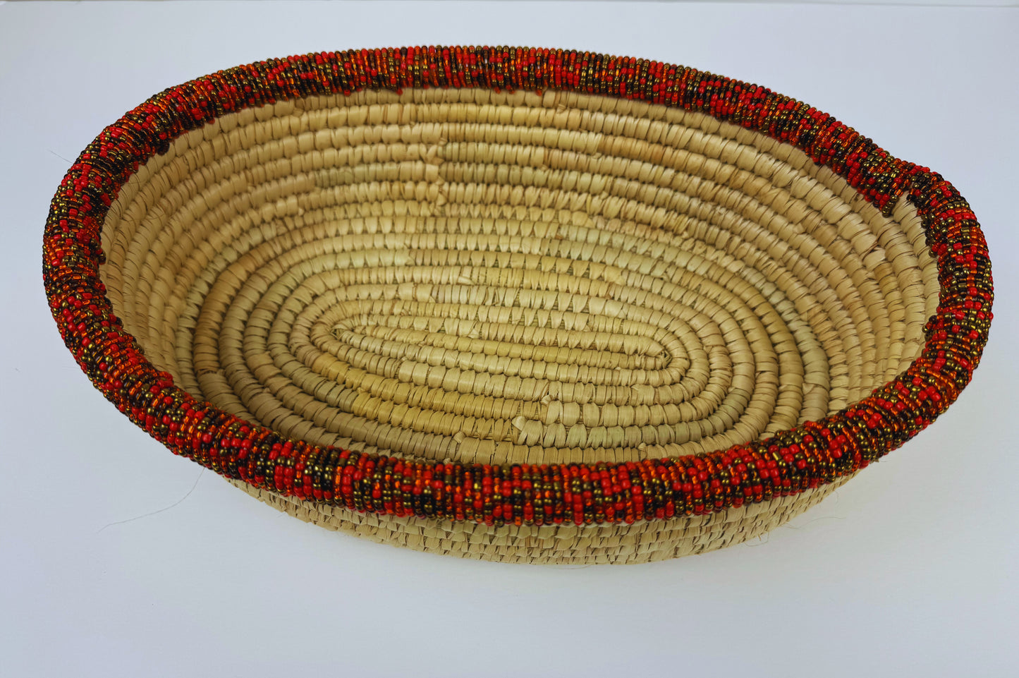 Oval Handwoven Beaded Palm Leaves Basket ( Large )