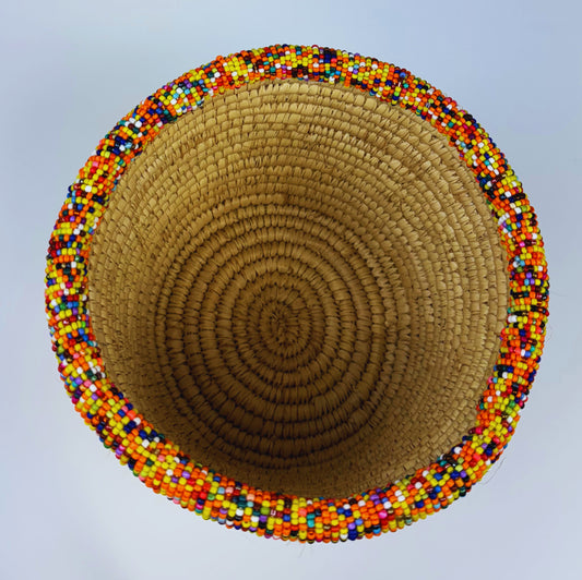 Deep Handwoven Beaded Palm Leaves Basket (Small)